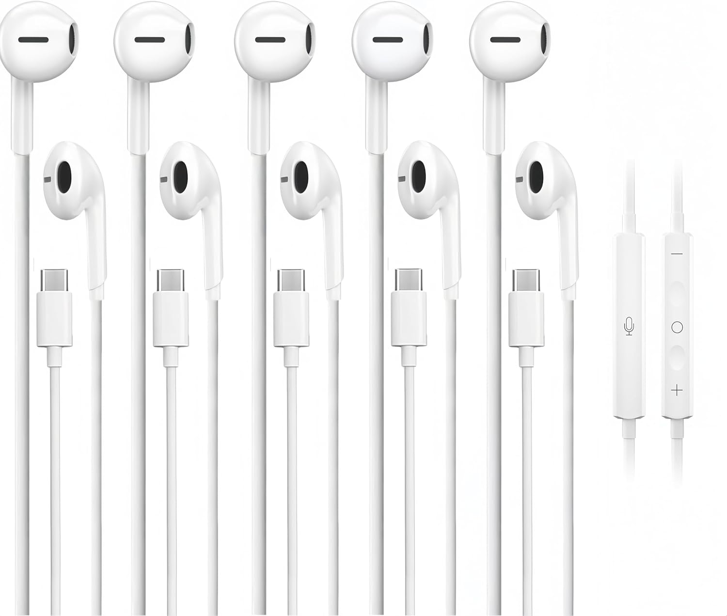 Usb C Earphone - 5-Pack USB-C Wired Earphones with Microphone