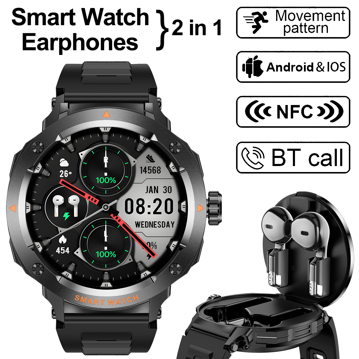 NFC Smart Watch Wireless Earph - Earbuds Charging Case のレビューと価格