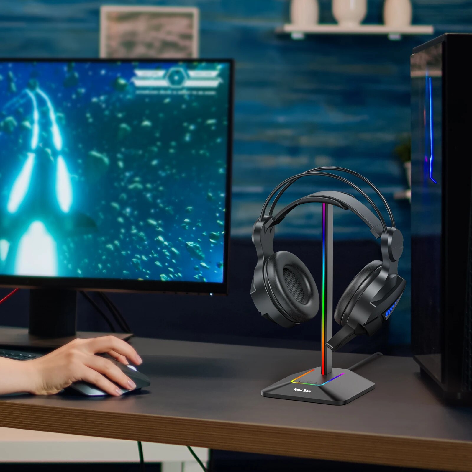 New Bee Z8 RGB Headphones Stan - Headphone Stand Desk のレビューと価格